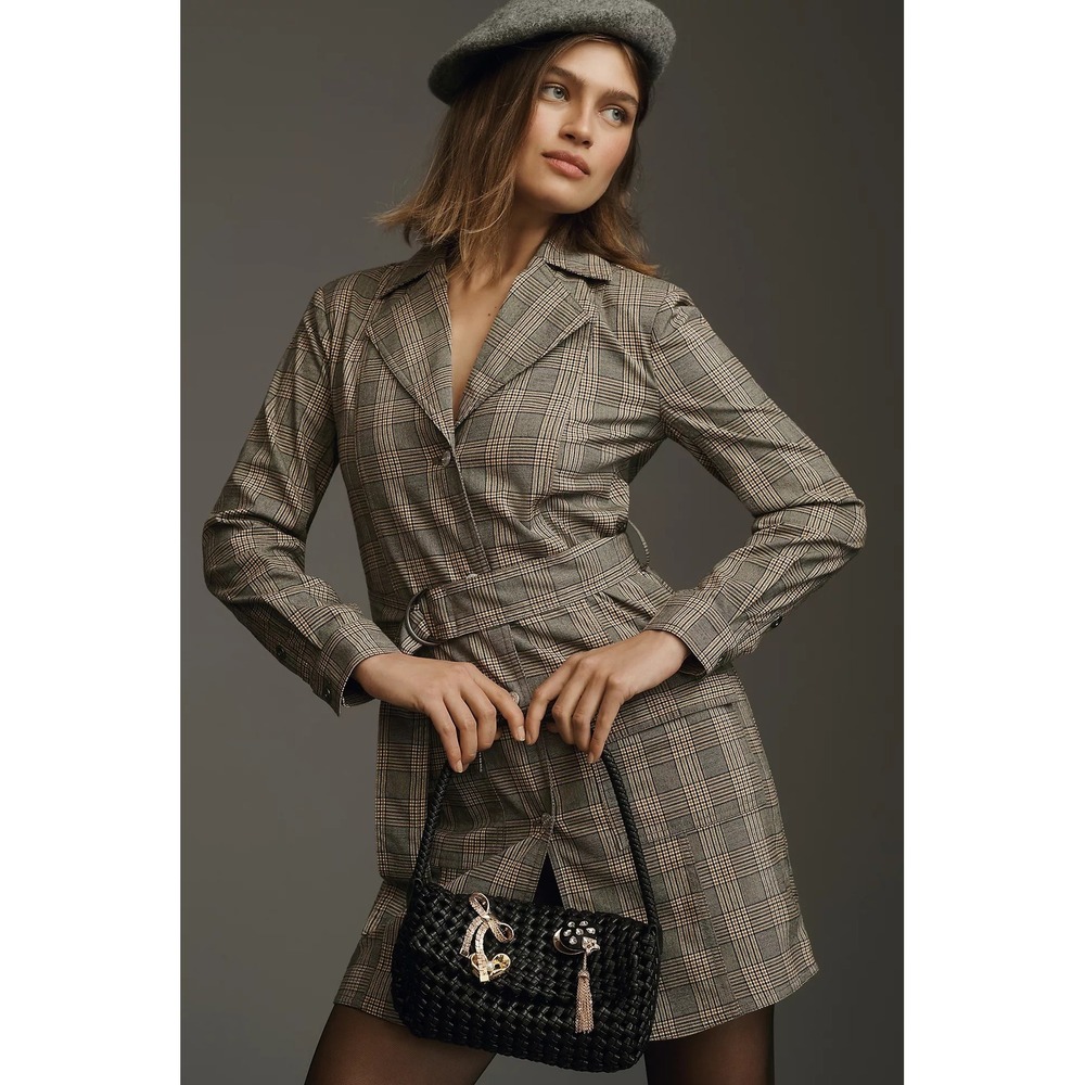 Anthropologie PILCRO Belted Blazer Dress Plaid Glen Check Brown Pockets Medium